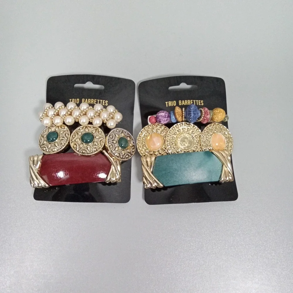 Trio Barrettes Hair Clip Lot of 2 Packs Vintage Style Faux Pearl Gold Tone Resin